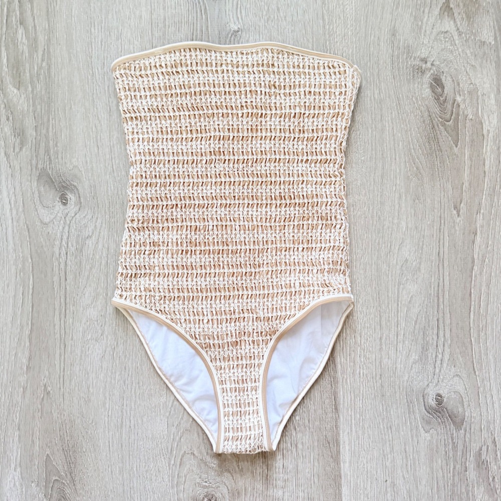 Rylee and Cru Strapless Crinkle Smocked One Piece Swimsuit Beige White Bandeau